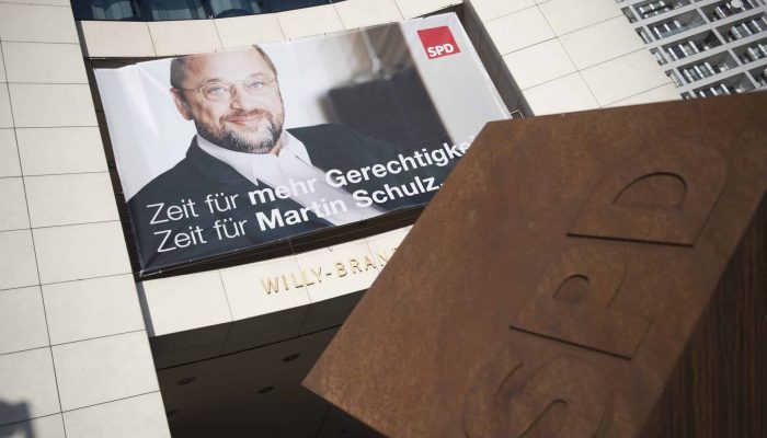 BERLIN, GERMANY - JANUARY 29: A banner to promoter SPD top candidate for federal election Martin Schulz is pictured on January 29, 2017 in Berlin, Germany. Germany will hold federal elections in September. (Photo by Steffi Loos/Getty Images)