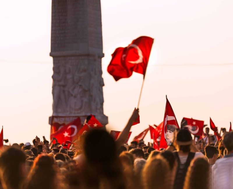 Izmir, Turkey - September 9, 2018. September 9 Independence day of Izmir. Crowded people in the square of Gundogdu and Turkish flags in crowded people.